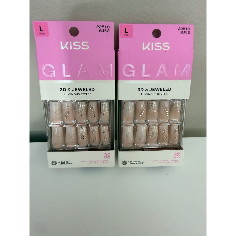KISS Press-On Nails Women Long Nude 3D Jeweled Luminous 22519 GJ02 2pk NWT